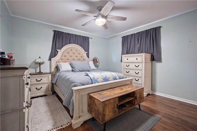 513 Samauri Ct, Saraland, AL 36571 - bedroom with dark wood-type flooring, baseboards, ornamental molding, and ceiling fan