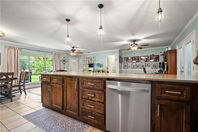 513 Samauri Ct, Saraland, AL 36571 - kitchen featuring stainless steel dishwasher, ceiling fan, crown molding, hanging light fixtures, and light countertops