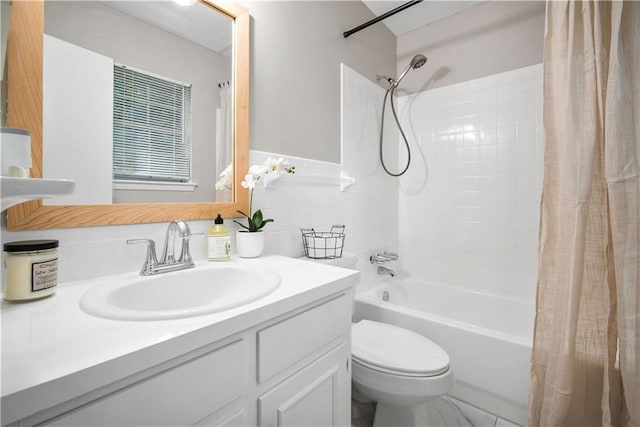 full bathroom with toilet, tile walls, shower / bath combination with curtain, and vanity