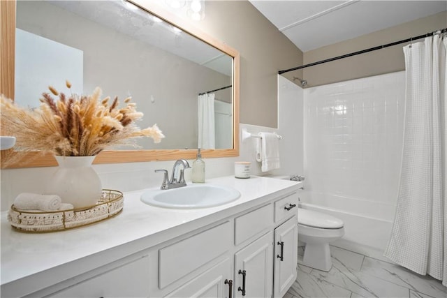 full bathroom featuring toilet, shower / tub combo, and vanity