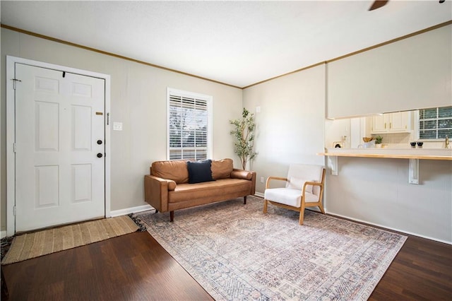 interior space with a healthy amount of sunlight, dark hardwood / wood-style flooring, and crown molding