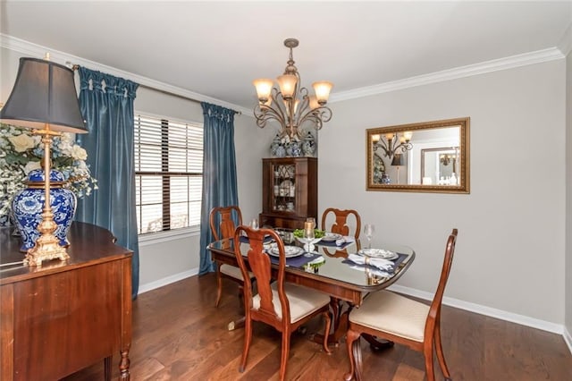 7250 Pine Station Rd S, Mobile, AL 36695 - dining room with a chandelier, baseboards, dark wood-style flooring, and crown molding