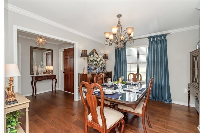 7250 Pine Station Rd S, Mobile, AL 36695 - dining room with a chandelier, crown molding, dark wood-type flooring, and baseboards