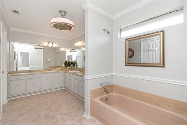 7250 Pine Station Rd S, Mobile, AL 36695 - bathroom with a bath, crown molding, tile patterned floors, and vanity