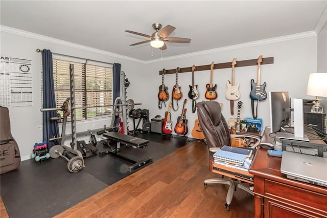 7250 Pine Station Rd S, Mobile, AL 36695 - workout area featuring crown molding, a ceiling fan, wood finished floors, and baseboards