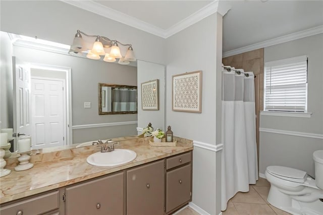 7250 Pine Station Rd S, Mobile, AL 36695 - full bathroom with tile patterned flooring, vanity, toilet, crown molding, and curtained shower