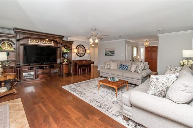 7250 Pine Station Rd S, Mobile, AL 36695 - living room featuring crown molding, a ceiling fan, and wood finished floors