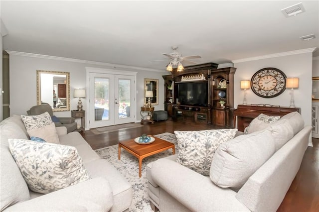 7250 Pine Station Rd S, Mobile, AL 36695 - living area with wood finished floors, ceiling fan, ornamental molding, and french doors