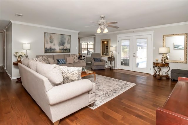7250 Pine Station Rd S, Mobile, AL 36695 - living room featuring crown molding, french doors, ceiling fan, wood finished floors, and baseboards