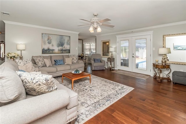 7250 Pine Station Rd S, Mobile, AL 36695 - living room with french doors, ornamental molding, ceiling fan, and wood finished floors