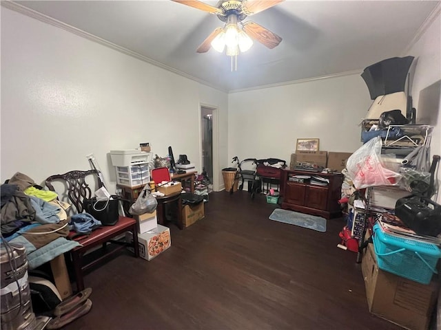 misc room featuring crown molding, ceiling fan, and dark wood-type flooring