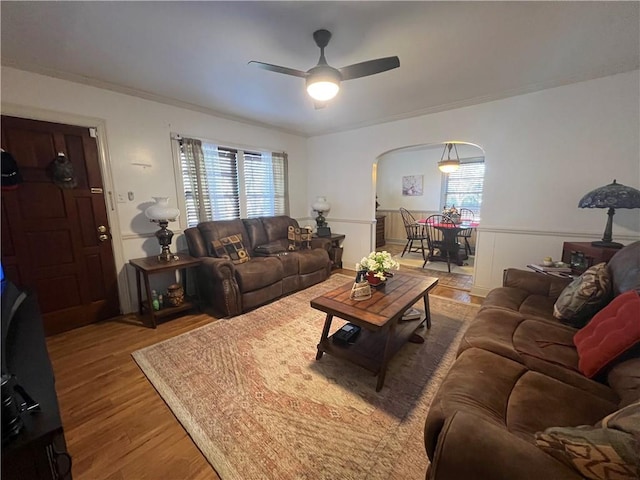 living room featuring ceiling fan, wood-type flooring, and ornamental molding