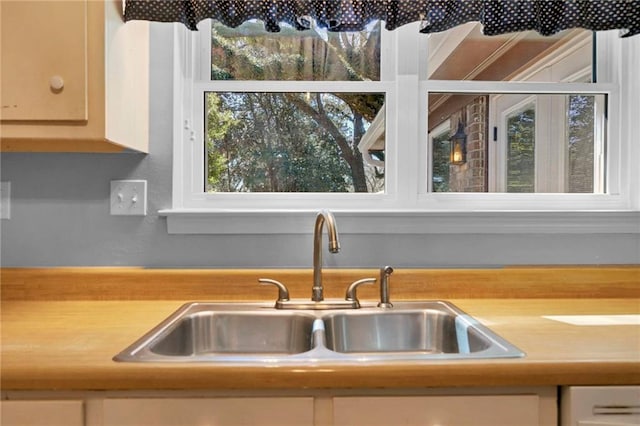 kitchen with white cabinets, light countertops, and a sink