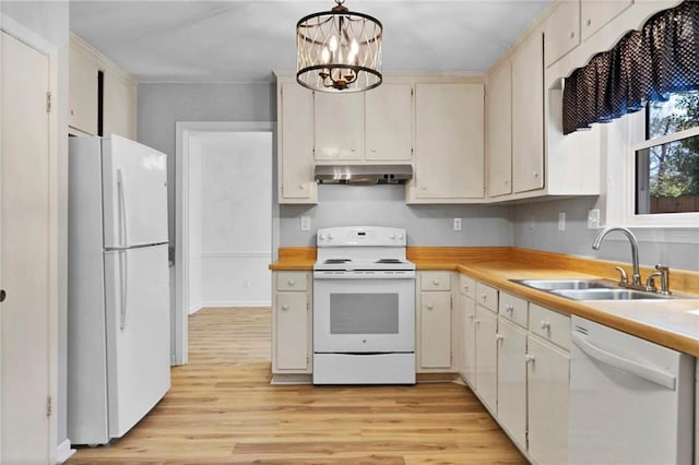 kitchen featuring light wood finished floors, light countertops, a sink, white appliances, and under cabinet range hood