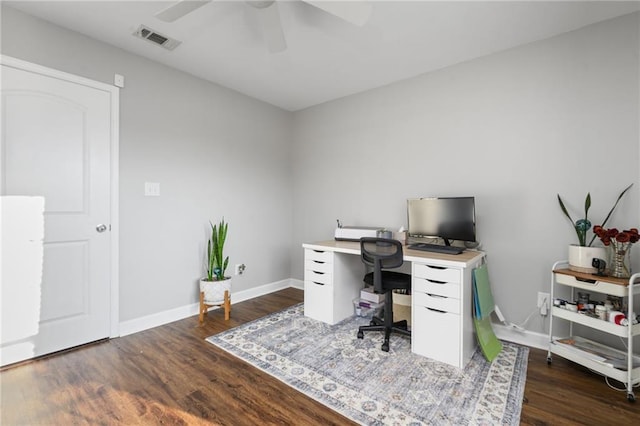 office with ceiling fan, wood finished floors, visible vents, and baseboards