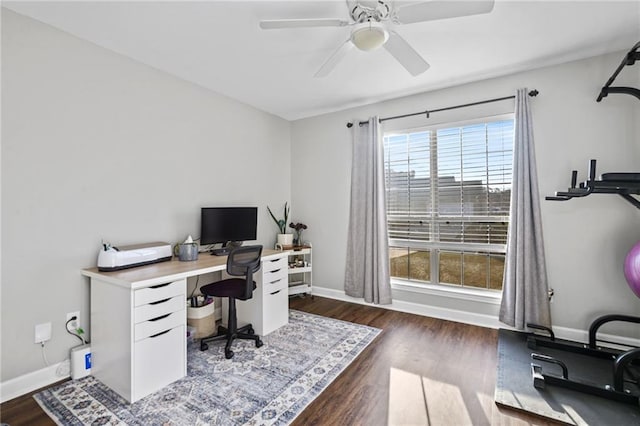 home office featuring ceiling fan, baseboards, and dark wood finished floors