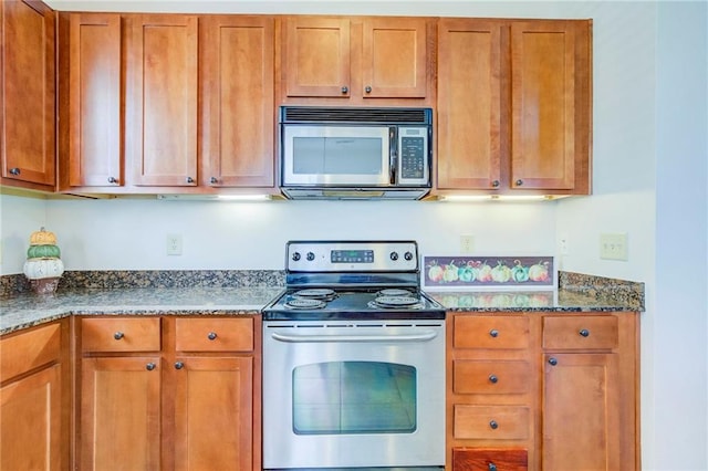 1430 Regency Rd Unit F204, Gulf Shores, AL 36542 - kitchen with stainless steel appliances, brown cabinetry, and dark stone counters