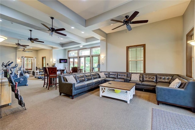 1430 Regency Rd Unit F204, Gulf Shores, AL 36542 - carpeted living area featuring a ceiling fan, recessed lighting, and beamed ceiling