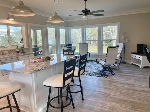 kitchen with a wealth of natural light, ornamental molding, light wood-style floors, white cabinetry, and dishwashing machine