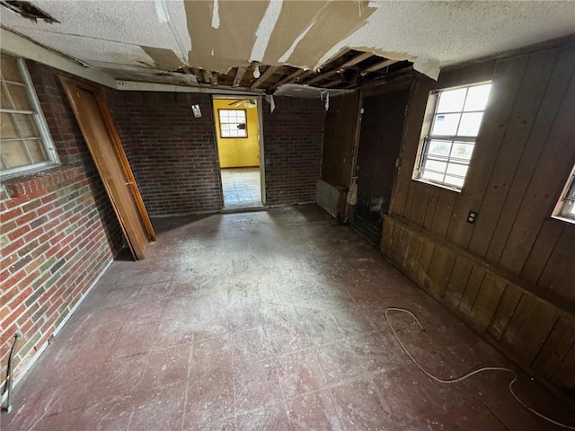 basement with brick wall