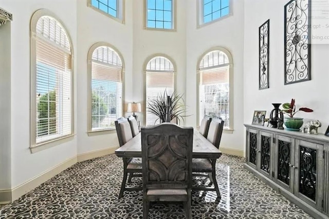 carpeted dining space featuring baseboards and a wealth of natural light