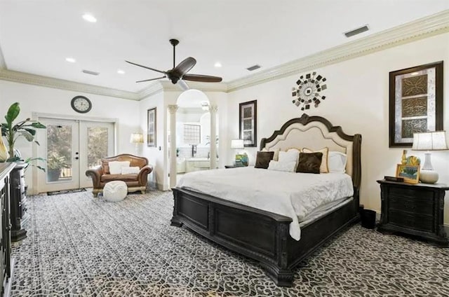 bedroom with crown molding, french doors, carpet floors, access to exterior, and visible vents
