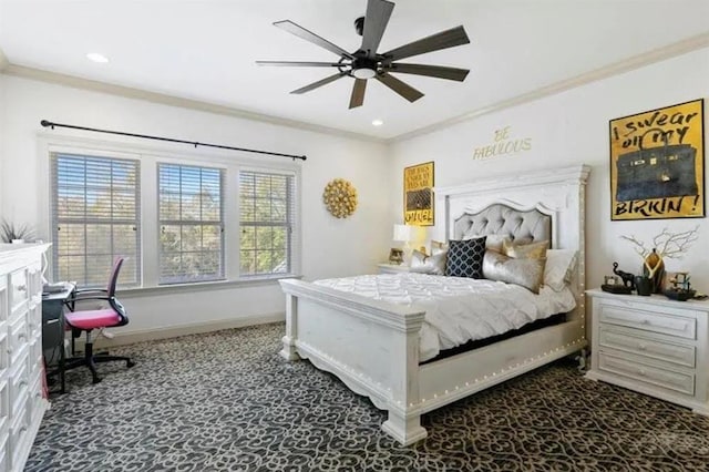 bedroom with crown molding, recessed lighting, baseboards, carpet floors, and a ceiling fan