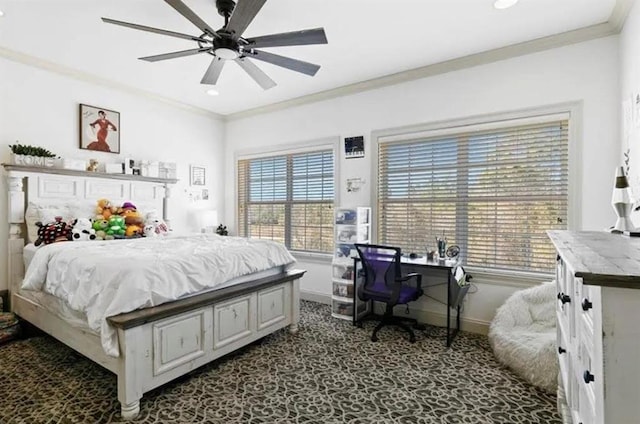 bedroom featuring baseboards, ceiling fan, dark carpet, and ornamental molding