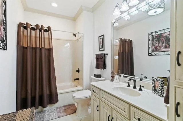 bathroom with ornamental molding, toilet, tile patterned floors, vanity, and shower / bath combination with curtain
