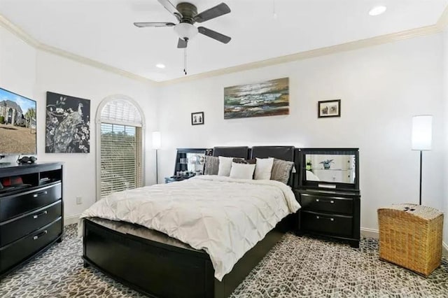 bedroom with baseboards, recessed lighting, crown molding, and carpet