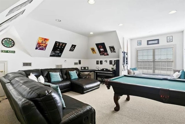 recreation room with pool table, visible vents, carpet floors, and recessed lighting