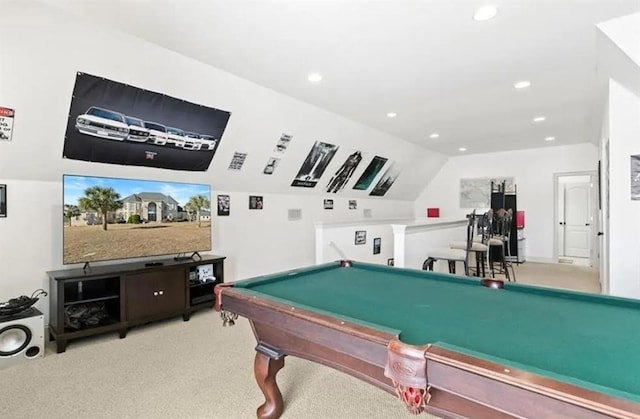playroom with pool table, recessed lighting, and carpet
