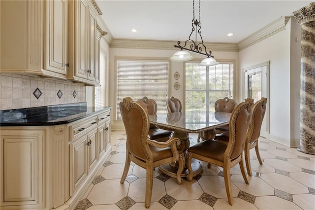 dining area with light tile patterned floors, baseboards, recessed lighting, and crown molding