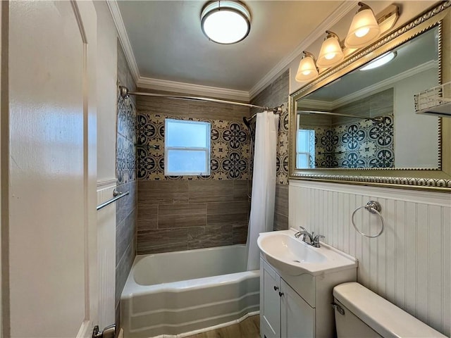 bathroom with vanity, shower / bath combination with curtain, toilet, and crown molding