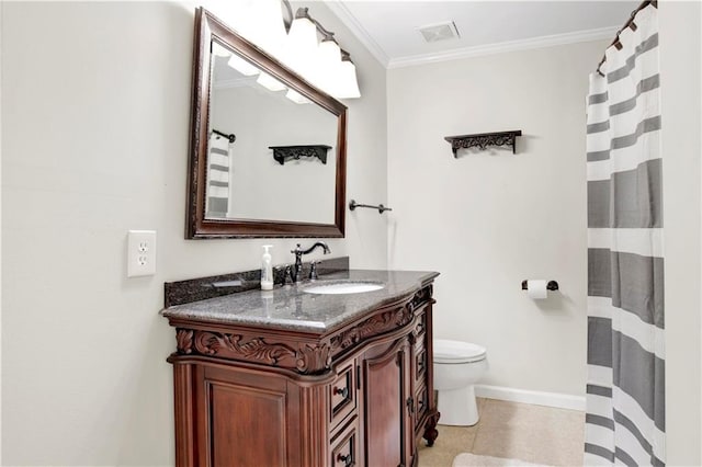 bathroom with vanity, toilet, tile patterned floors, and ornamental molding