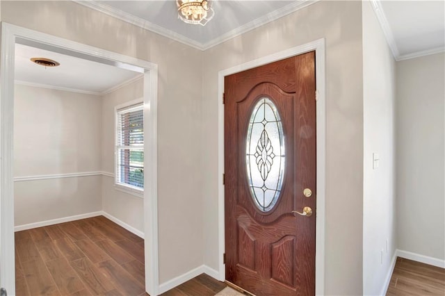 entryway featuring crown molding and wood-type flooring