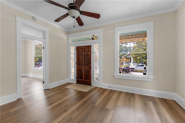 entryway featuring crown molding, plenty of natural light, and wood finished floors