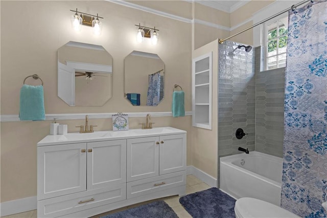 bathroom with toilet, a sink, tile patterned floors, crown molding, and baseboards