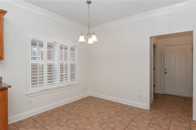 unfurnished dining area featuring light tile patterned floors, an inviting chandelier, baseboards, and ornamental molding