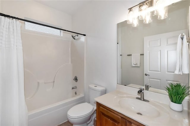 full bathroom with vanity, shower / bath combination with curtain, and toilet