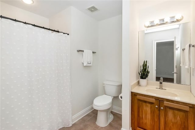 full bathroom featuring vanity, visible vents, baseboards, tile patterned flooring, and toilet