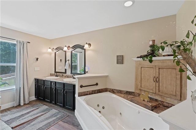 bathroom with hardwood / wood-style flooring, vanity, and a washtub