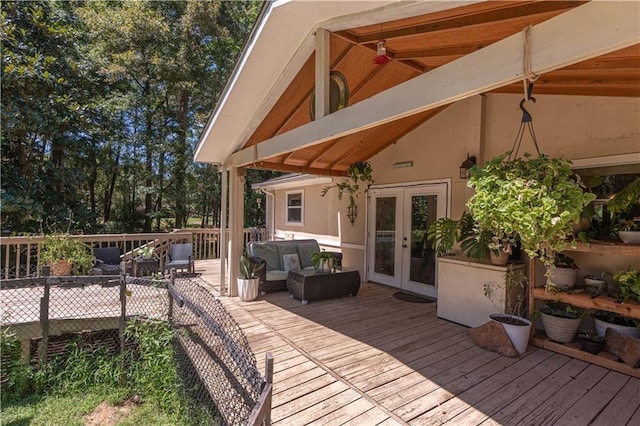 deck with french doors and outdoor lounge area