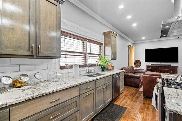 kitchen featuring sink, ornamental molding, stainless steel appliances, light stone countertops, and decorative backsplash