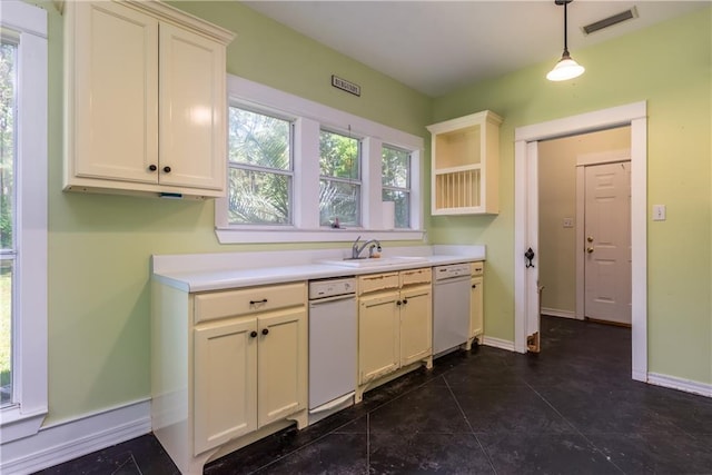 510 Fort Mims Pl, Dauphin Island, AL 36528 - kitchen with visible vents, open shelves, white dishwasher, light countertops, and pendant lighting