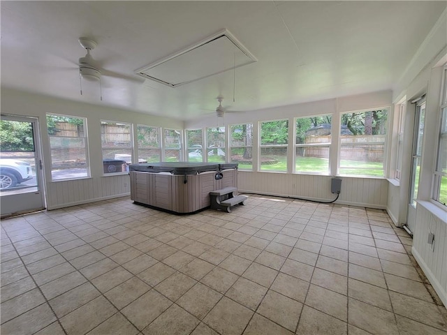 2544 Buckboard Ct, Mobile, AL 36695 - sunroom featuring a jacuzzi, a ceiling fan, and healthy amount of natural light