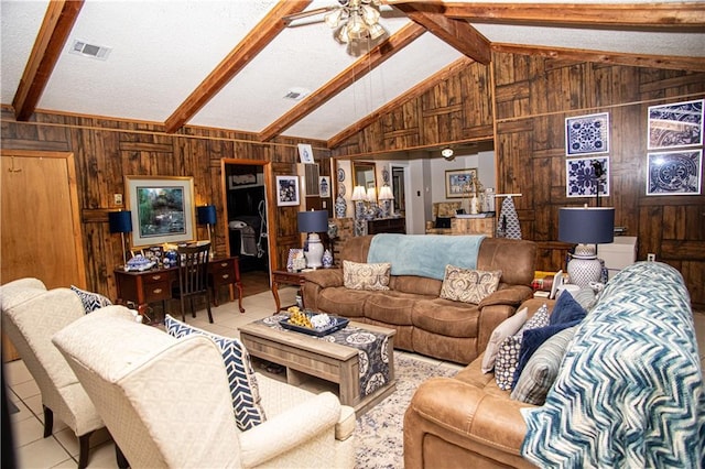 612 Summerland Dr, Mobile, AL 36617 - tiled living room featuring wooden walls and a ceiling fan