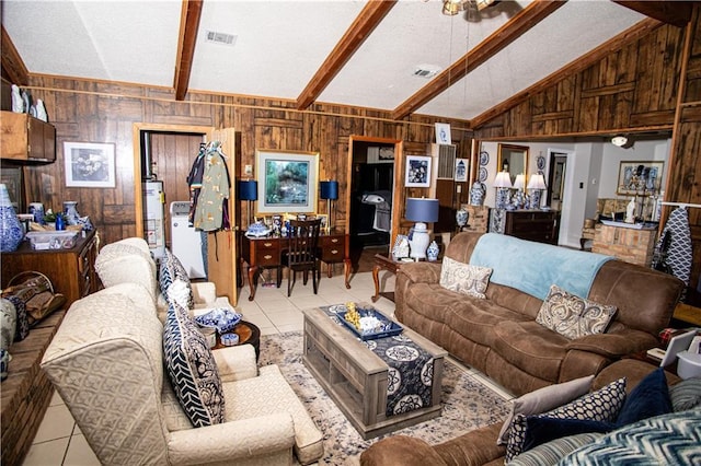 612 Summerland Dr, Mobile, AL 36617 - living room with tile patterned flooring, wooden walls, and ceiling fan