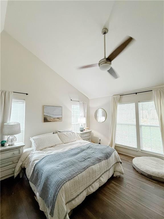 2555 E Rd, Mobile, AL 36693 - bedroom with dark wood-type flooring, high vaulted ceiling, and a ceiling fan