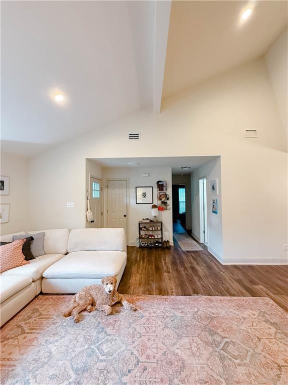 2555 E Rd, Mobile, AL 36693 - living room featuring wood finished floors, high vaulted ceiling, beam ceiling, and recessed lighting